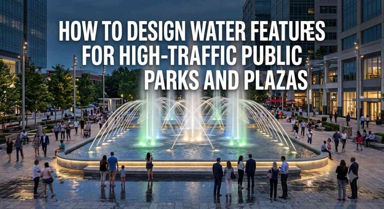 Commercial water feature design in a high-traffic public park and plaza