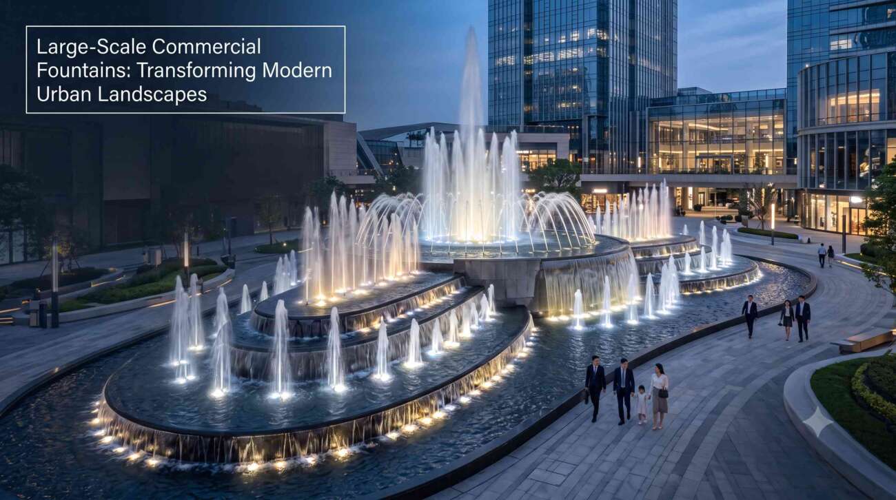 Large-scale commercial fountains in modern urban architecture plaza